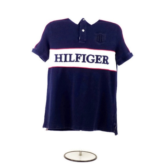 Vintage Tommy Hilfiger Blue Spell Out Custom Fit Short Sleeve Polo Shirt Mens M - Picture 2 of 8